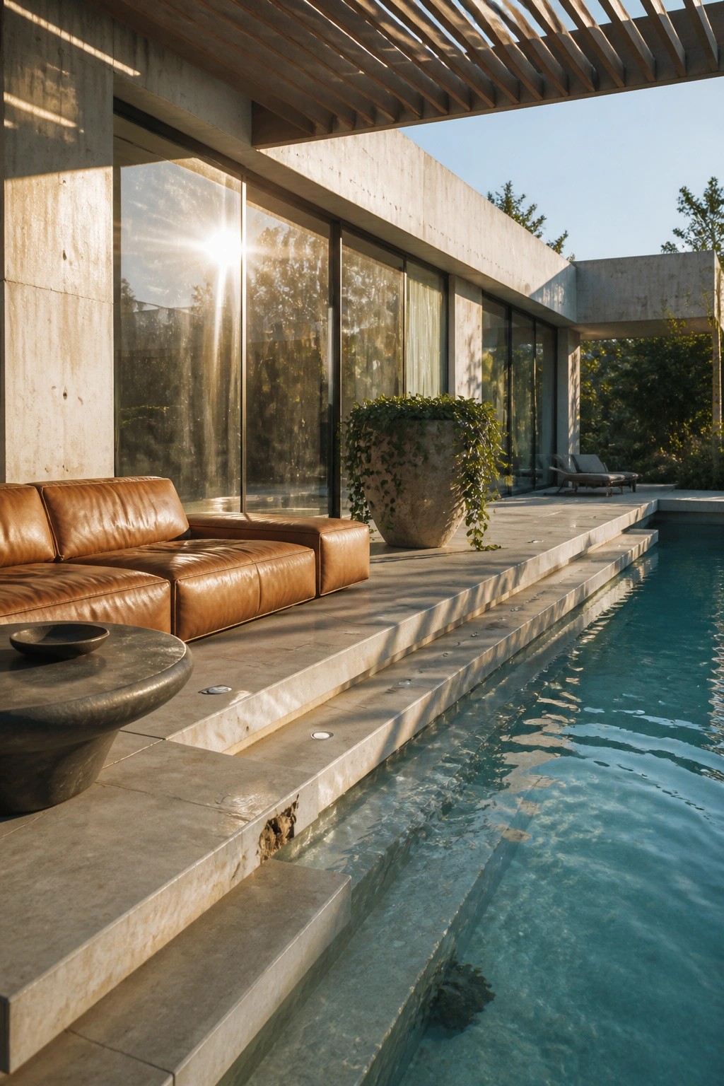 21 Chic Modern Swimming Pool Ideas for a Sleek Outdoor Vibe Modern concrete house with large glass doors, brown leather sofa on stone patio, large potted plant, and rectangular pool running alongside the deck.