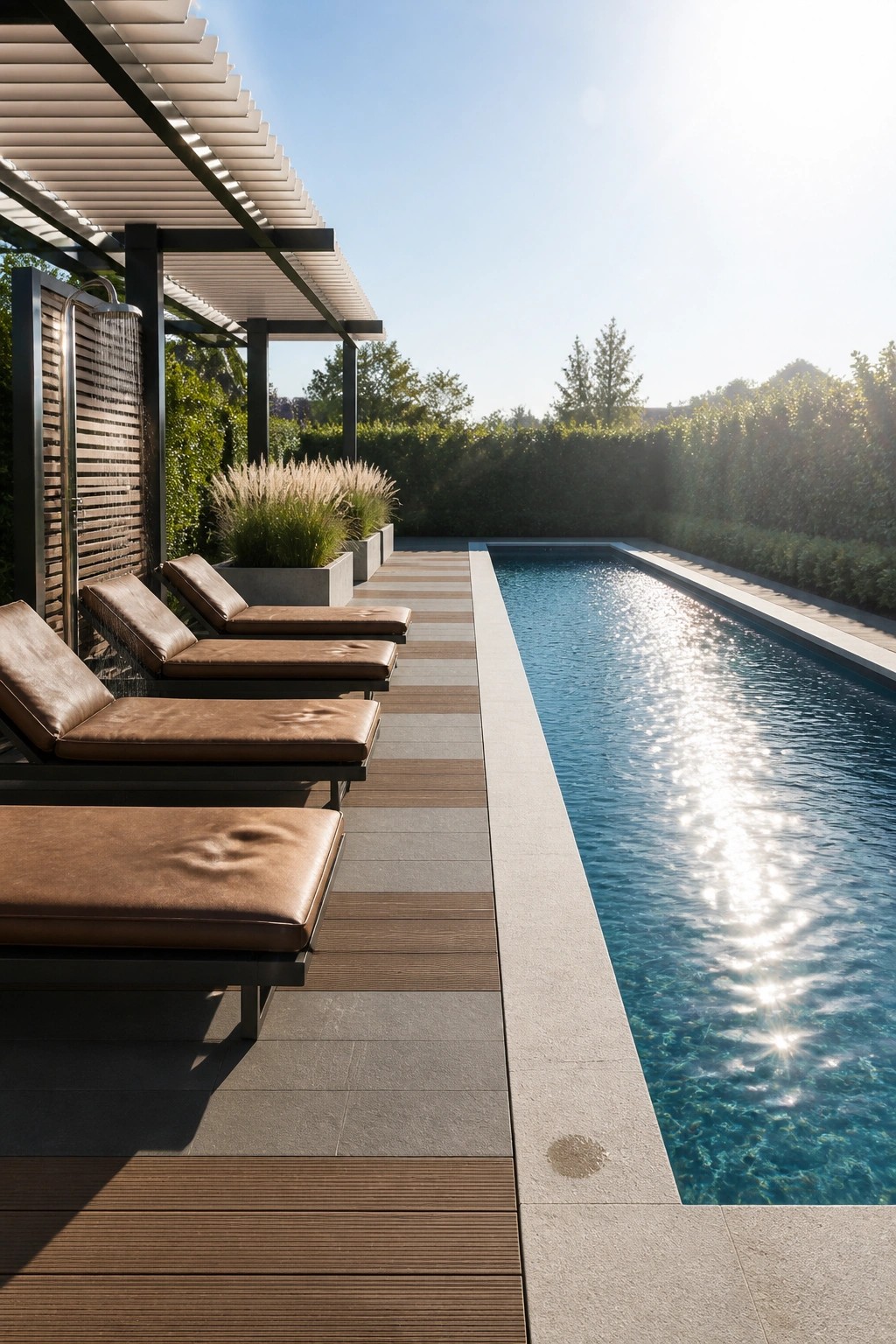 21 Chic Modern Swimming Pool Ideas for a Sleek Outdoor Vibe A rectangular lap pool with brown lounge chairs arranged in a row under a white slatted pergola on a stone and wood deck.