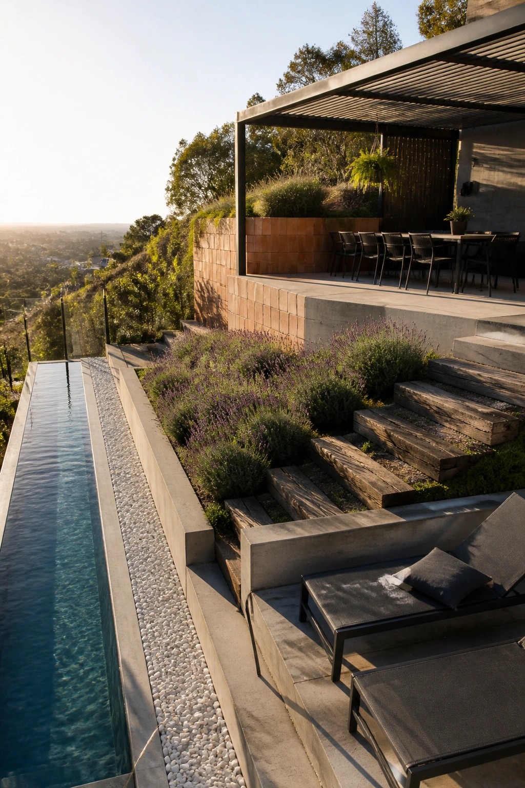 21 Chic Modern Swimming Pool Ideas for a Sleek Outdoor Vibe A long rectangular pool with concrete coping and white pebble border sits beside a lower concrete terrace with two lounge chairs, while wooden steps lead up to an upper patio with a dining table under a pergola, surrounded by lavender and shrubs on a hillside.