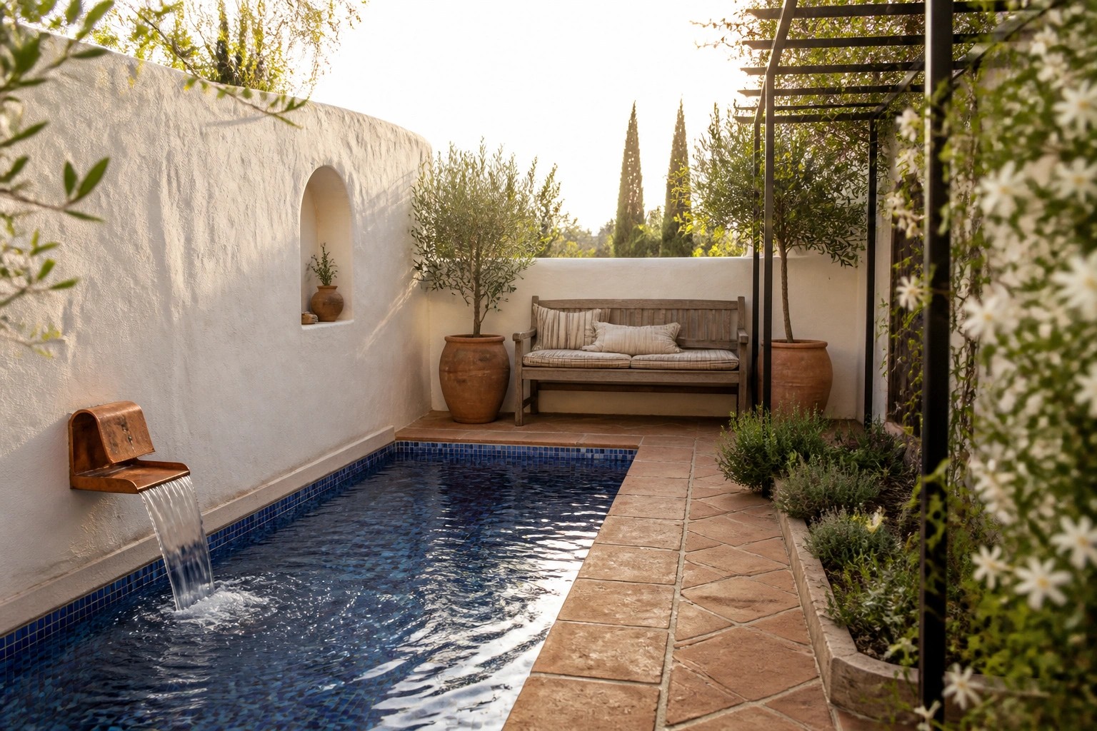 Mediterranean courtyard with blue pool, copper fountain, wooden bench, and terracotta pots