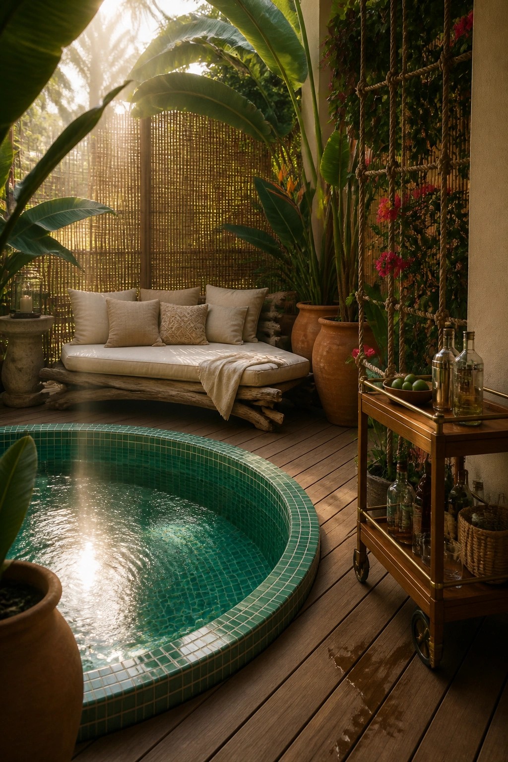 23 Chic Small Swimming Pool Ideas for a Polished Outdoor Upgrade Tropical wooden deck with round green-tiled pool, cushioned daybed, and bar cart in sunlight