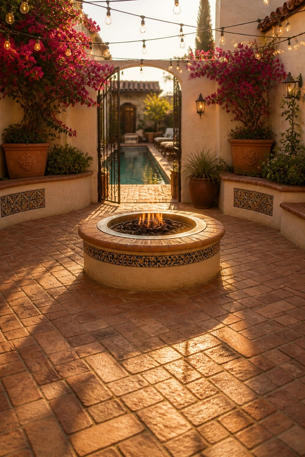 24 Classic Pool Patio Paver Ideas for Better Definition and Visual Appeal Brick courtyard with fire pit, string lights, pink bougainvillea, and gate to pool.