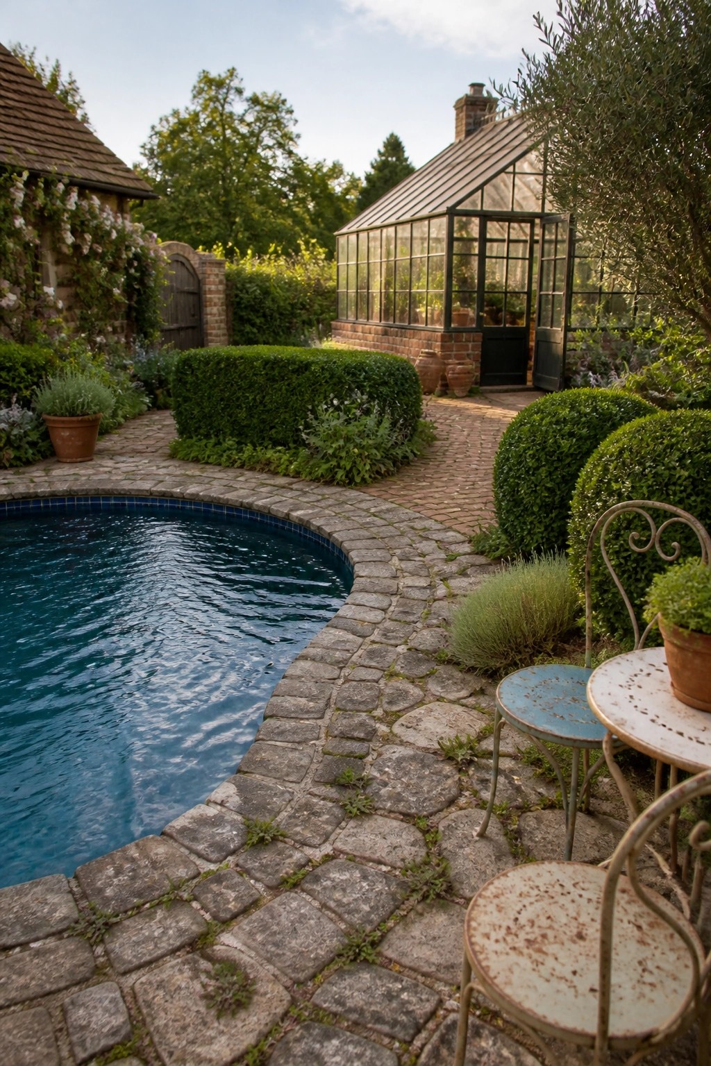 24 Classic Pool Patio Paver Ideas for Better Definition and Visual Appeal A backyard pool with irregular gray stone pavers forming a curved edge, a brick path leading to a greenhouse, and weathered metal patio furniture in the foreground.