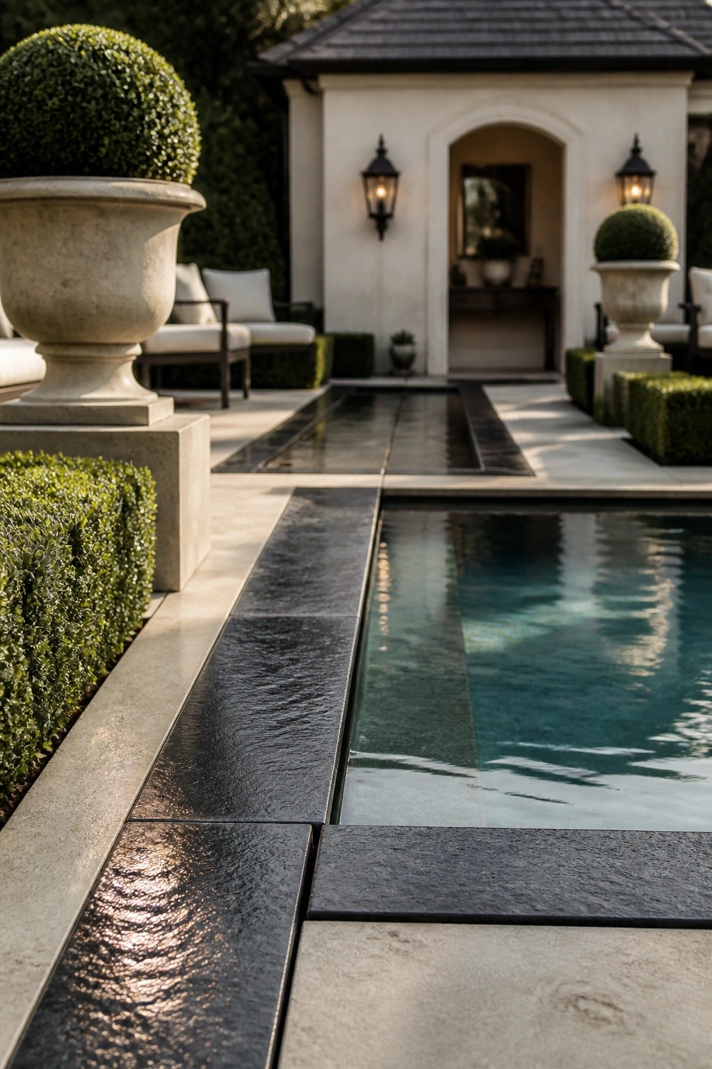 24 Classic Pool Patio Paver Ideas for Better Definition and Visual Appeal A long rectangular pool bordered by dark stone pavers next to a light stone patio, with topiary-filled urns and a white house visible in the background.