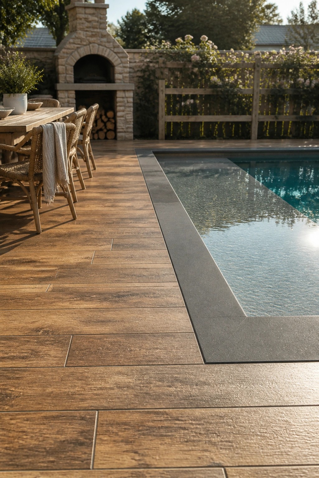 24 Classic Pool Patio Paver Ideas for Better Definition and Visual Appeal A swimming pool with a dark border is surrounded by wood-look pavers, with an outdoor dining table and chairs visible to the left.