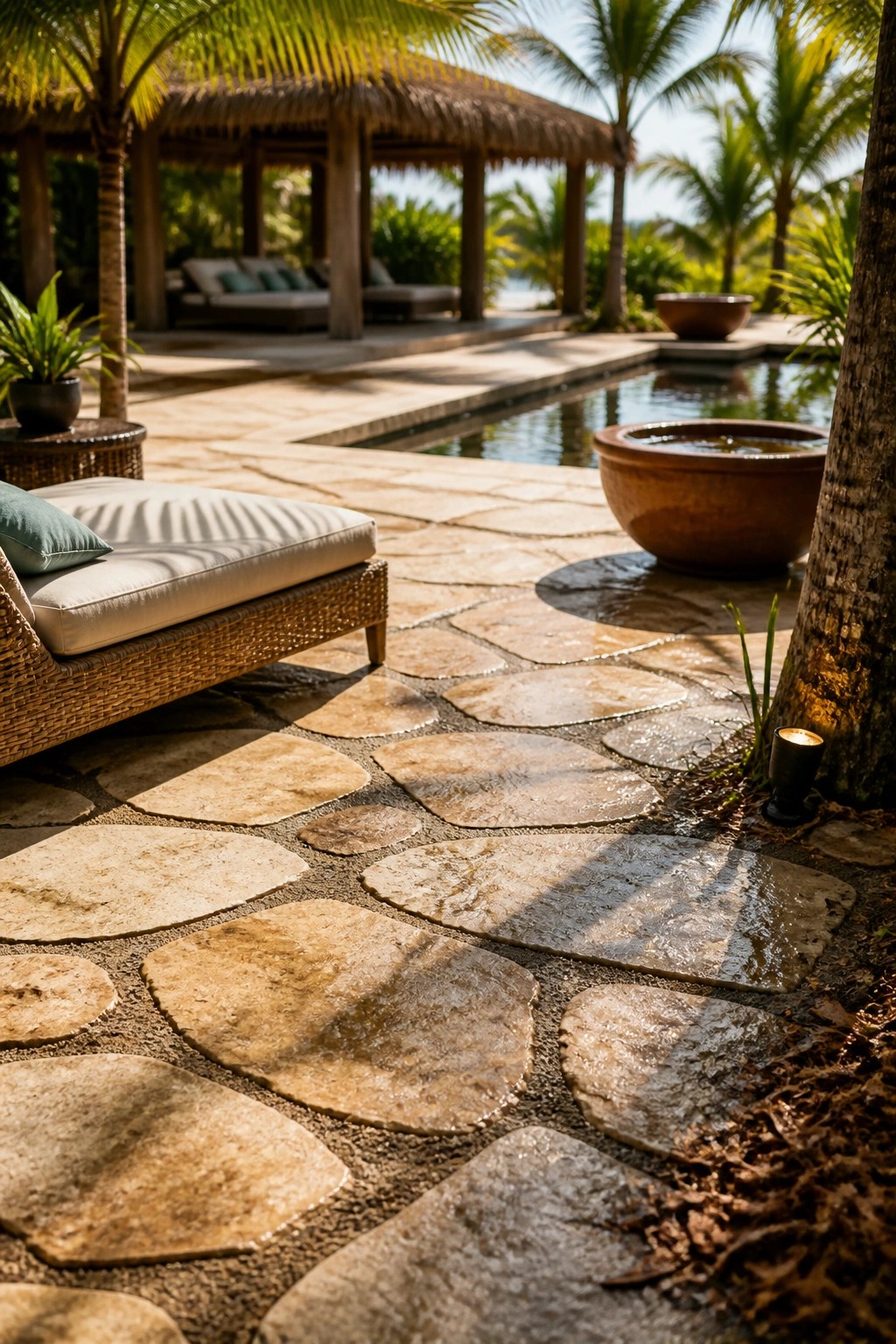 24 Classic Pool Patio Paver Ideas for Better Definition and Visual Appeal A pool patio covered in large irregular stone pavers with a wicker lounge chair in the foreground and a thatched cabana visible in the background.