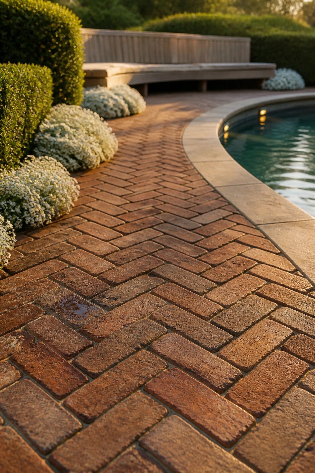 24 Classic Pool Patio Paver Ideas for Better Definition and Visual Appeal Curved brick paver walkway in herringbone pattern beside a swimming pool, bordered by rounded green shrubs and a stone bench in the background.