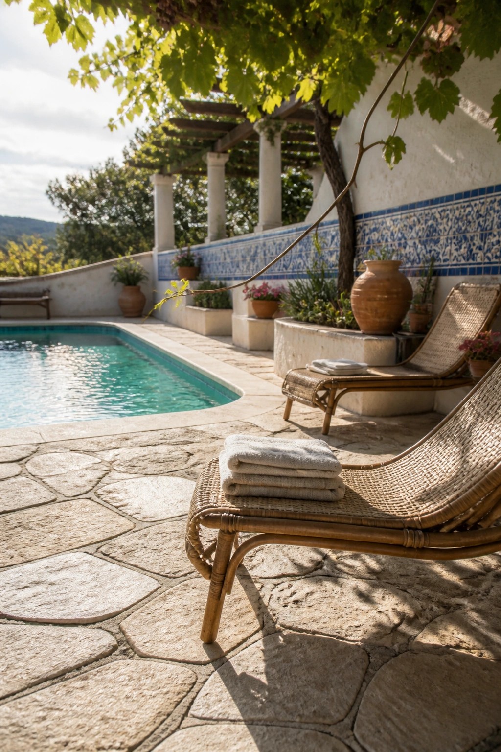 24 Classic Pool Patio Paver Ideas for Better Definition and Visual Appeal Stone patio with irregular pavers next to a swimming pool, showing two woven lounge chairs with folded towels and a vine-covered pergola in the background.