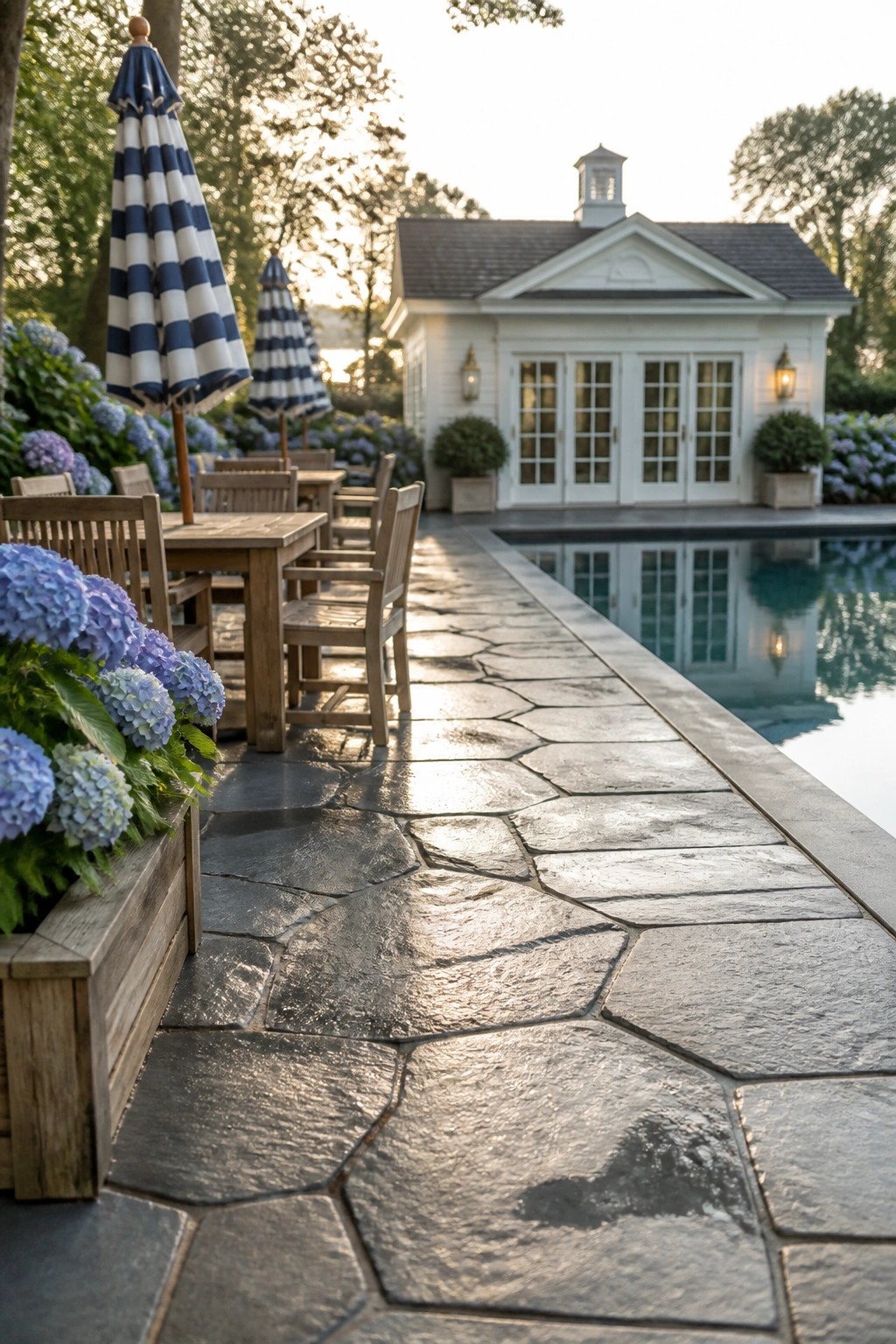24 Classic Pool Patio Paver Ideas for Better Definition and Visual Appeal A stone patio with large irregular gray pavers runs alongside a rectangular swimming pool, with wooden outdoor furniture, striped umbrellas, and a white pool house visible in the background.