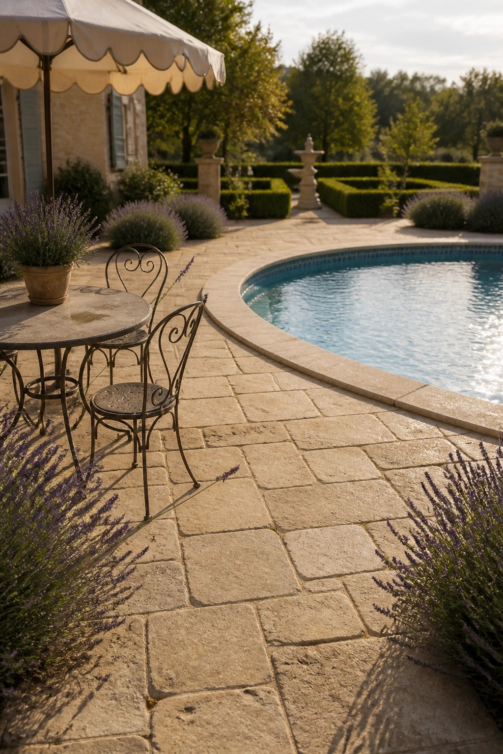 24 Classic Pool Patio Paver Ideas for Better Definition and Visual Appeal A curved stone paver patio borders a swimming pool with a round metal table and chairs placed near lavender plants.
