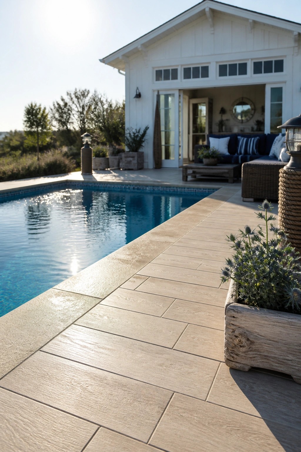 24 Classic Pool Patio Paver Ideas for Better Definition and Visual Appeal A rectangular swimming pool edged with large light beige pavers, with outdoor seating furniture and a white house visible in the background.