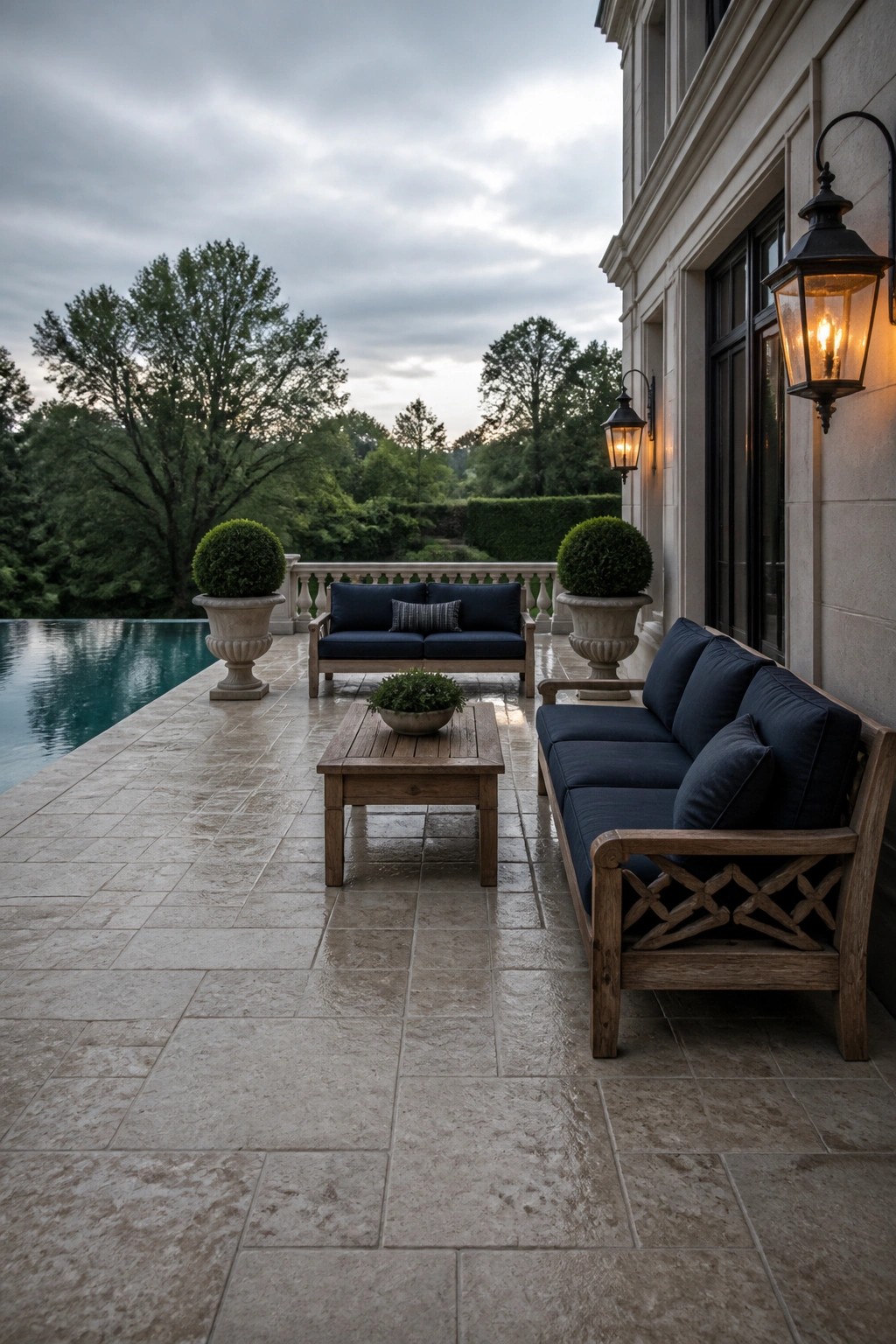 24 Classic Pool Patio Paver Ideas for Better Definition and Visual Appeal A large stone paver patio beside a swimming pool, furnished with dark blue sofas, a wooden coffee table, and potted shrubs near a stone house wall.