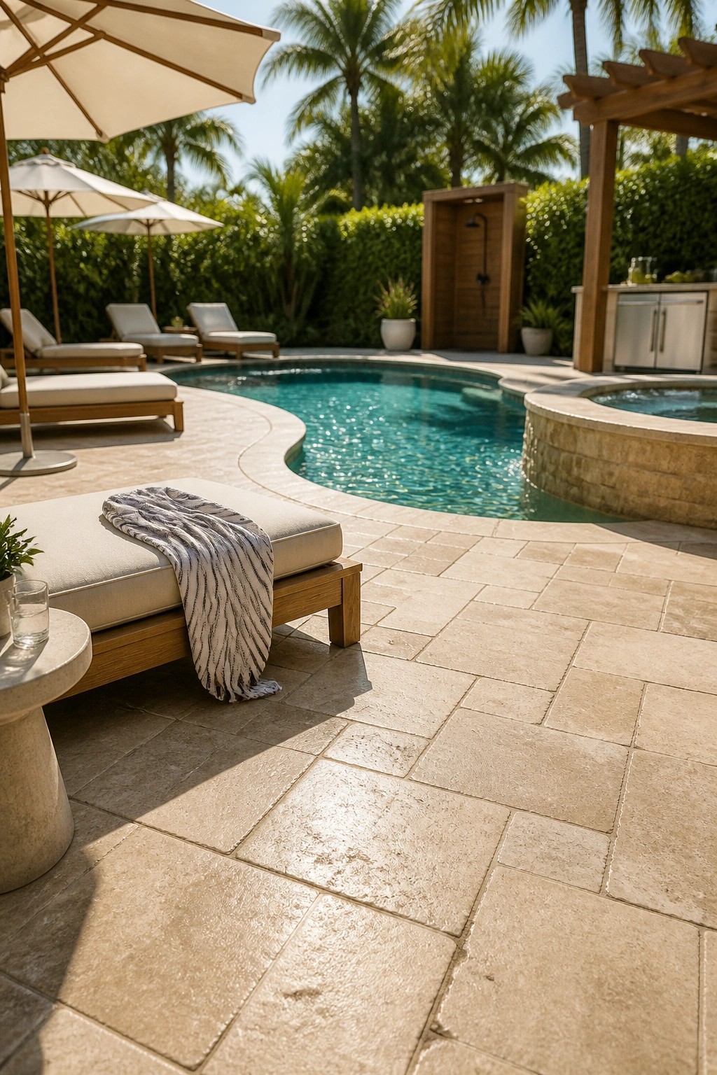 24 Classic Pool Patio Paver Ideas for Better Definition and Visual Appeal Sunny luxury pool deck with beige lounge chairs, striped towel, and sparkling turquoise pool