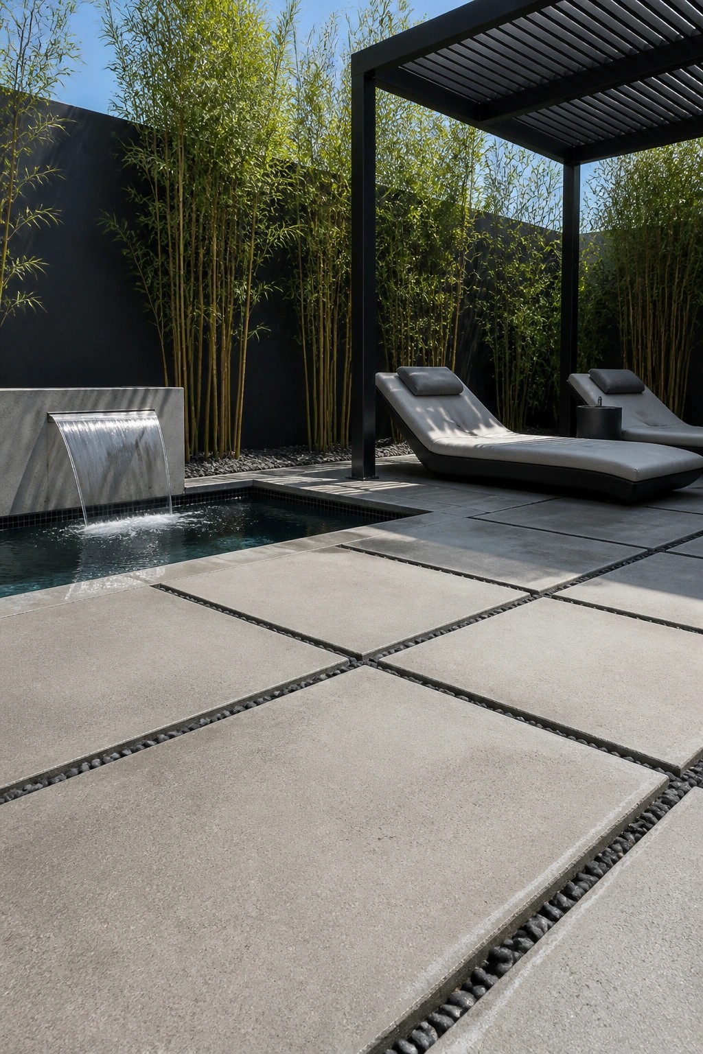 24 Classic Pool Patio Paver Ideas for Better Definition and Visual Appeal A modern pool patio with large gray concrete pavers, dark pebble joints, a small waterfall feature, and two lounge chairs under a black pergola.