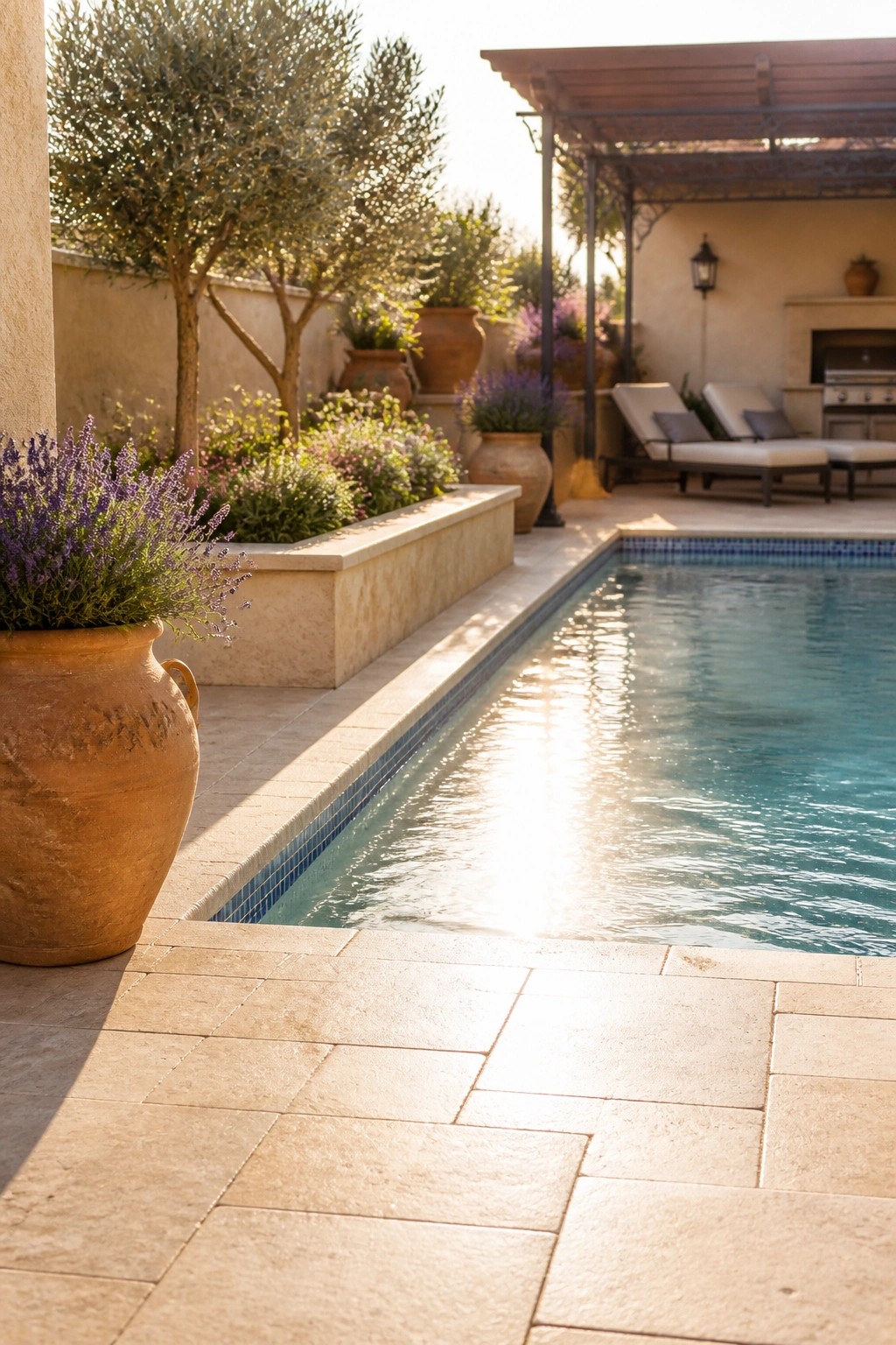 24 Classic Pool Patio Paver Ideas for Better Definition and Visual Appeal A rectangular pool with blue mosaic tile edging is surrounded by large light beige stone pavers, with a large terracotta pot in the foreground and lounge chairs under a pergola visible in the background.