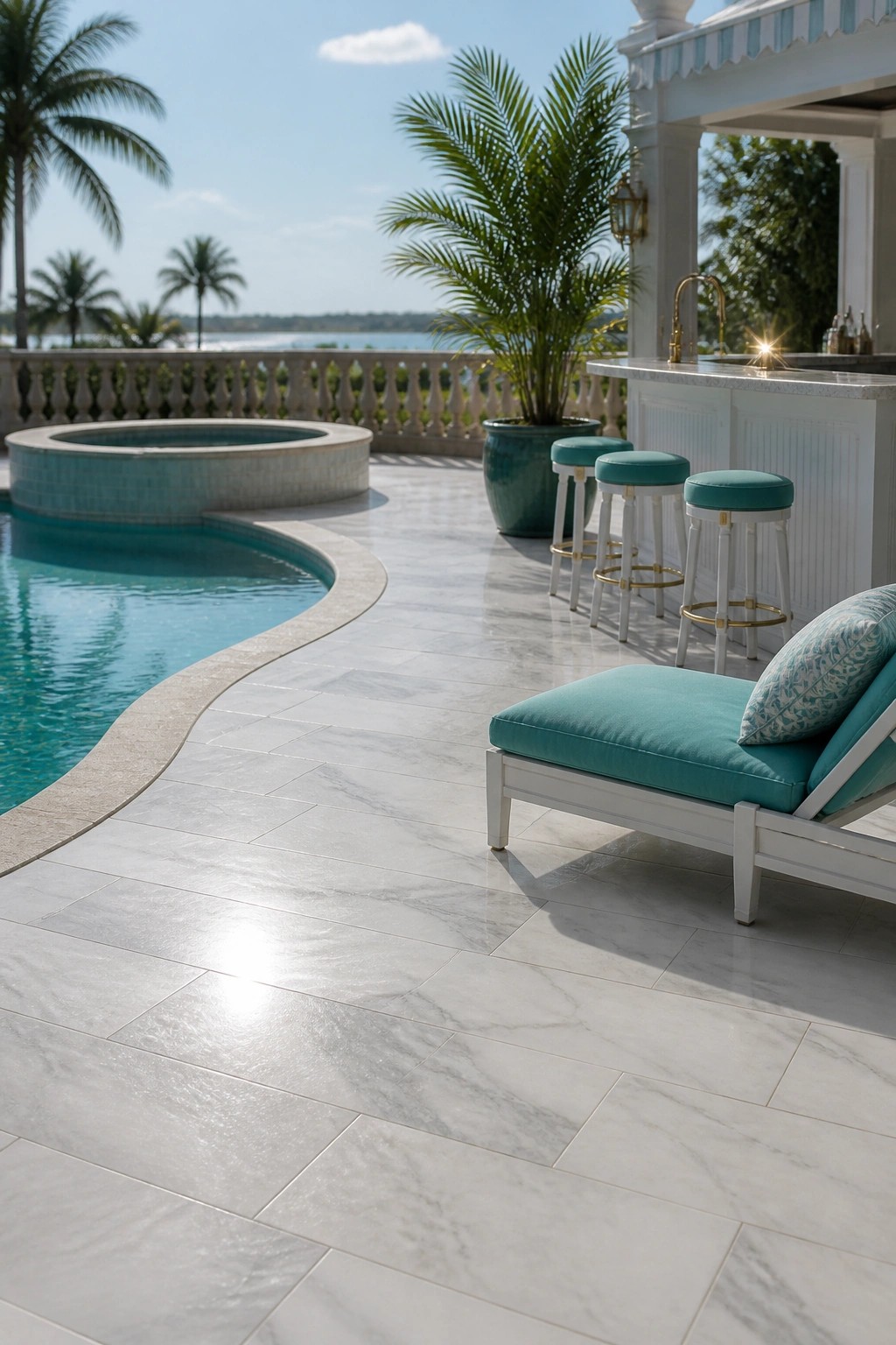 24 Classic Pool Patio Paver Ideas for Better Definition and Visual Appeal A bright outdoor pool patio covered in large light gray marble pavers, with a curved pool edge, white lounge chair with teal cushions, bar stools at a white counter, and palm trees beyond the railing.