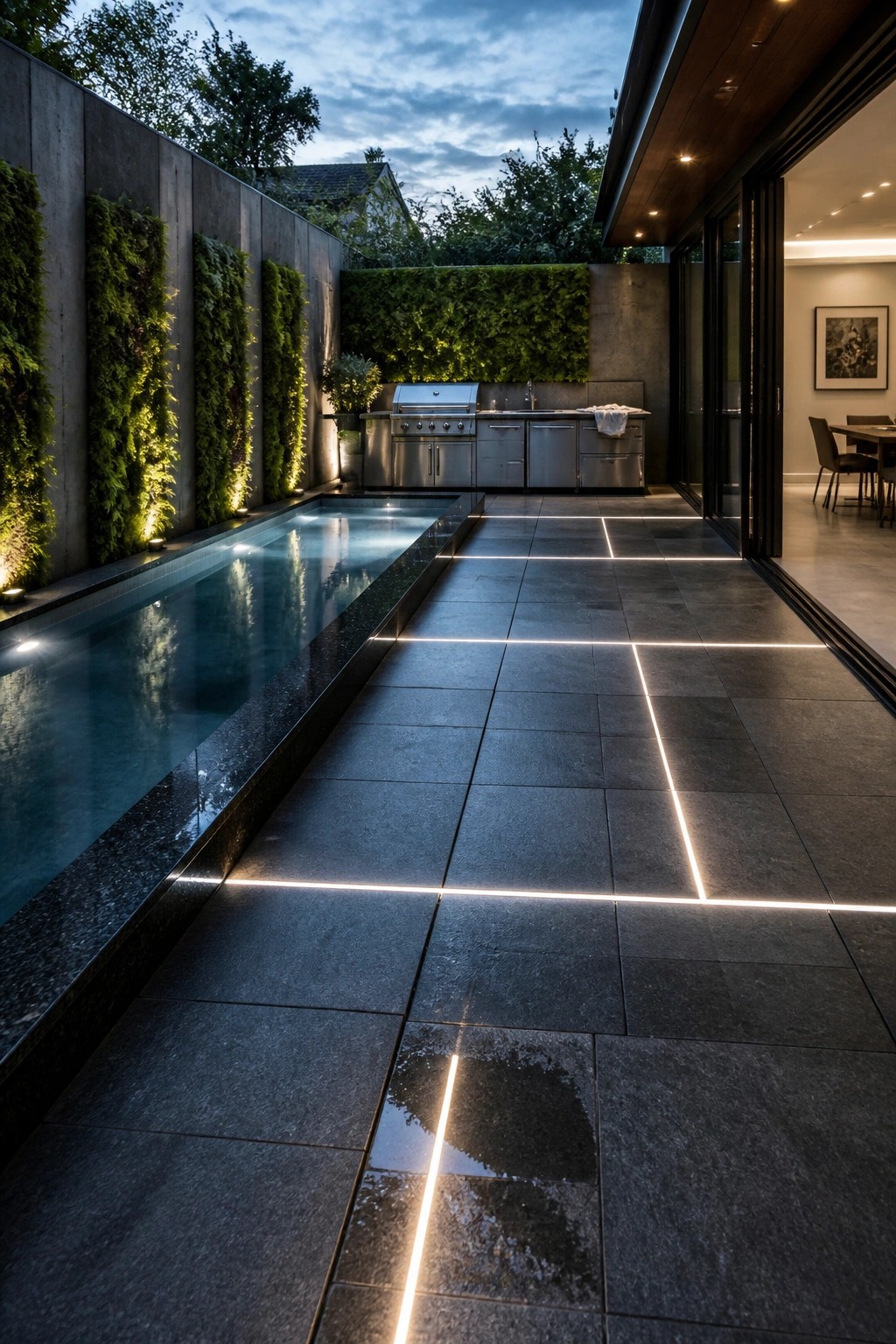 24 Classic Pool Patio Paver Ideas for Better Definition and Visual Appeal A modern outdoor patio with dark stone pavers featuring glowing linear lights, a long pool on the left, an outdoor kitchen in the background, and living walls on concrete.