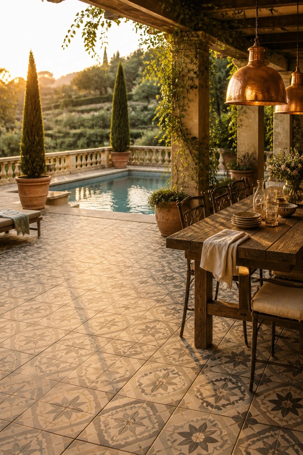 24 Classic Pool Patio Paver Ideas for Better Definition and Visual Appeal A wooden dining table with copper lights sits on an intricate patterned tile patio beside a swimming pool at sunset.