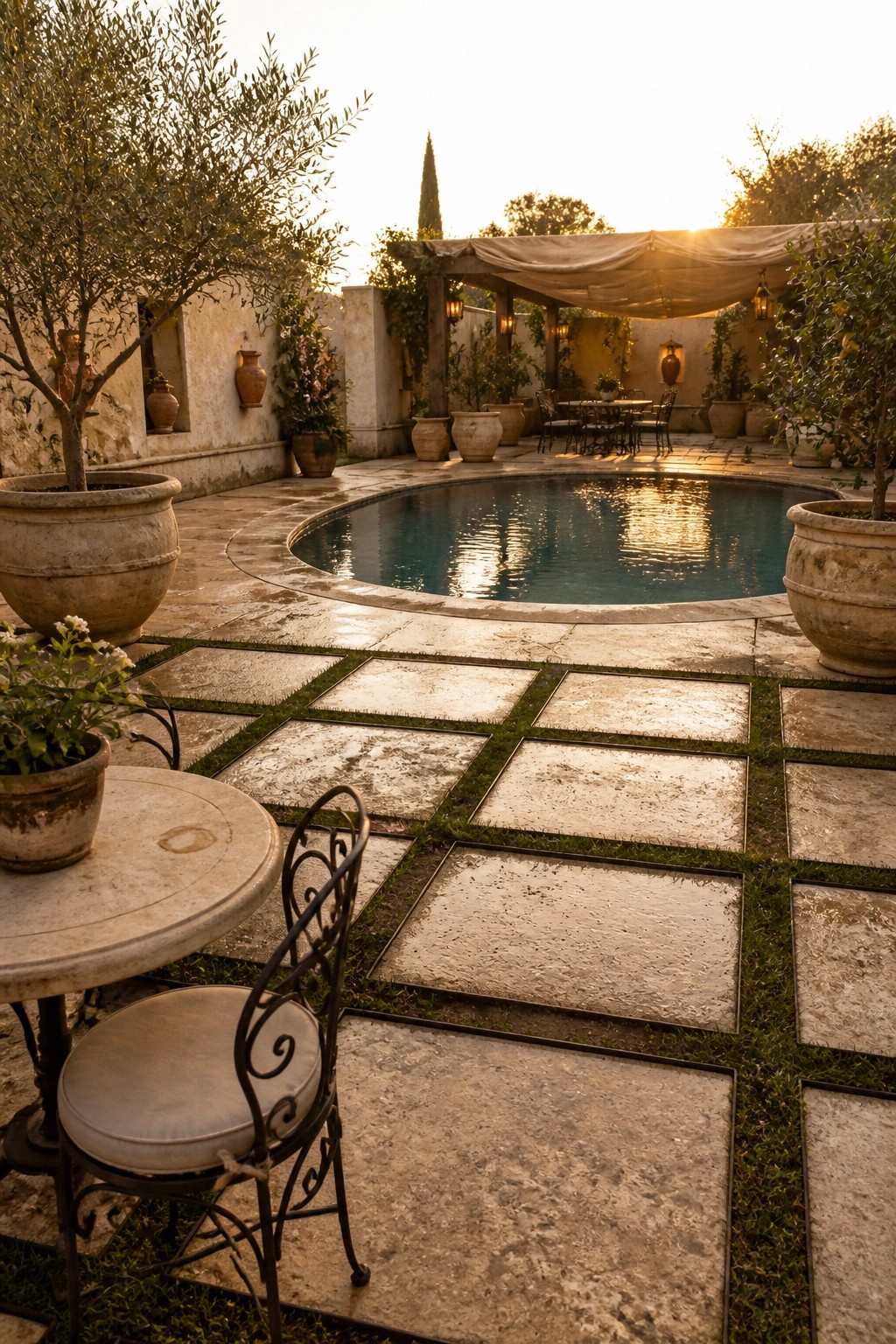 24 Classic Pool Patio Paver Ideas for Better Definition and Visual Appeal Stone courtyard with circular pool, terracotta pots, wrought-iron table, and pergola at sunset