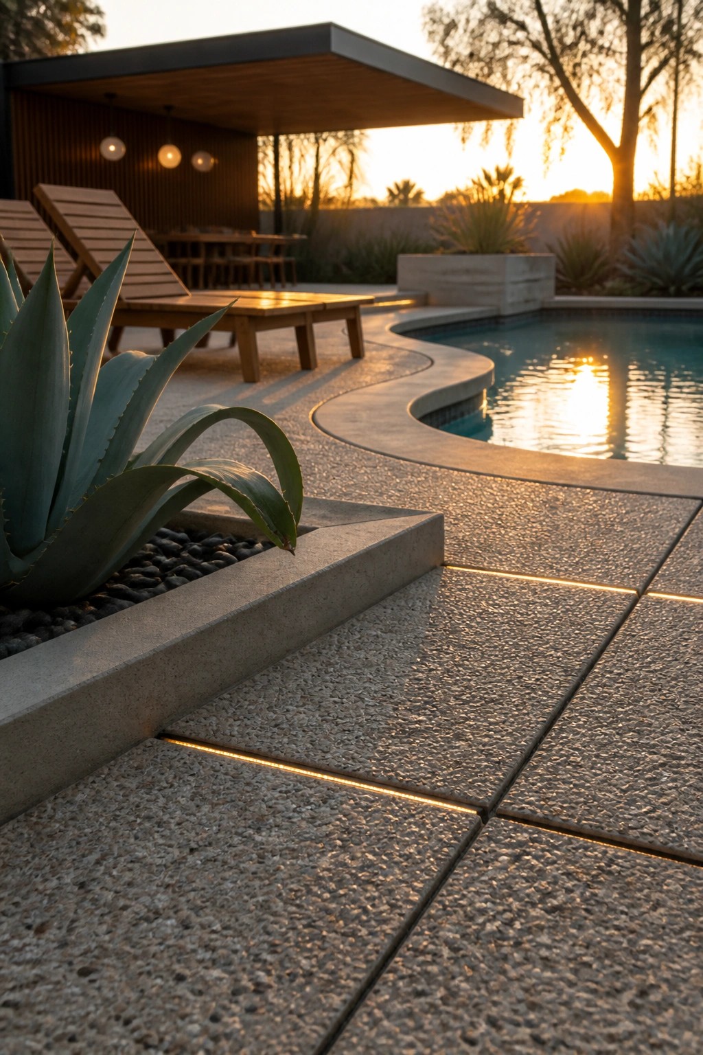 24 Classic Pool Patio Paver Ideas for Better Definition and Visual Appeal Close-up view of textured concrete pavers with glowing linear lights in the joints beside a curved pool edge and a concrete planter holding a large agave plant.