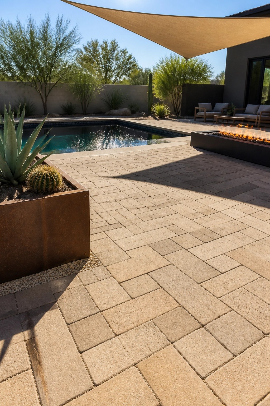 24 Classic Pool Patio Paver Ideas for Better Definition and Visual Appeal A large pool patio made of light rectangular pavers beside a swimming pool, with a raised fire pit and outdoor seating in the background.