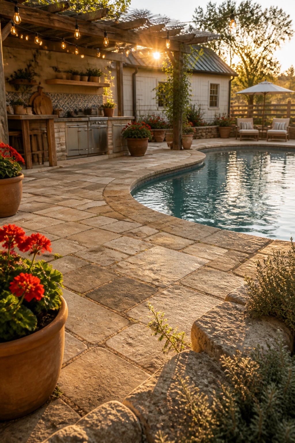 24 Classic Pool Patio Paver Ideas for Better Definition and Visual Appeal A curved pool edge is lined with irregular stone pavers that extend into a patio area with an outdoor kitchen and potted plants.