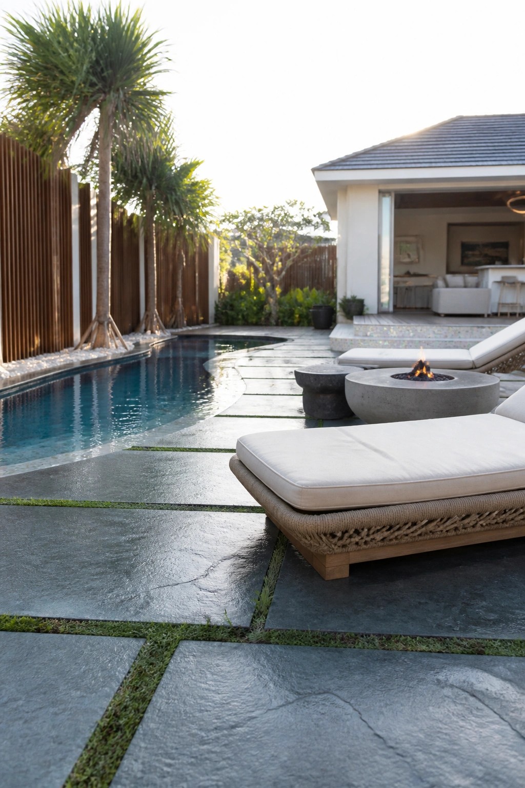 24 Classic Pool Patio Paver Ideas for Better Definition and Visual Appeal A pool patio with large gray stone pavers separated by grass strips, white lounge chairs, and a round concrete fire pit.