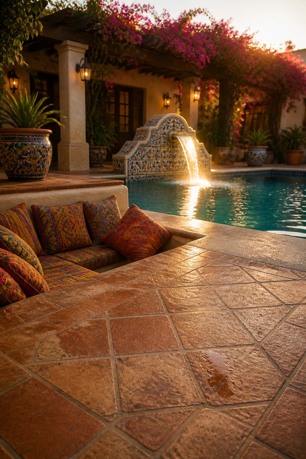 24 Classic Pool Patio Paver Ideas for Better Definition and Visual Appeal A poolside patio made of large terracotta pavers with built-in cushioned seating along the edge and a decorative tiled fountain flowing into the pool.