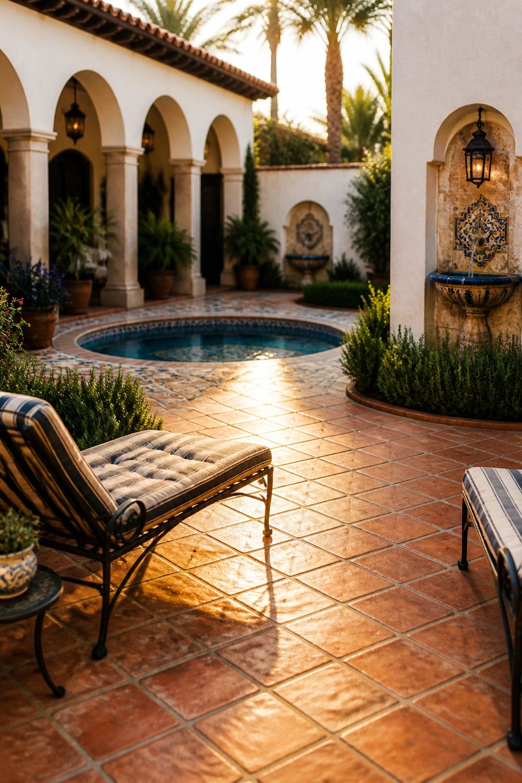 24 Classic Pool Patio Paver Ideas for Better Definition and Visual Appeal A courtyard pool patio covered in terracotta pavers with lounge chairs, a tiled fountain, and arched walkways in the background.