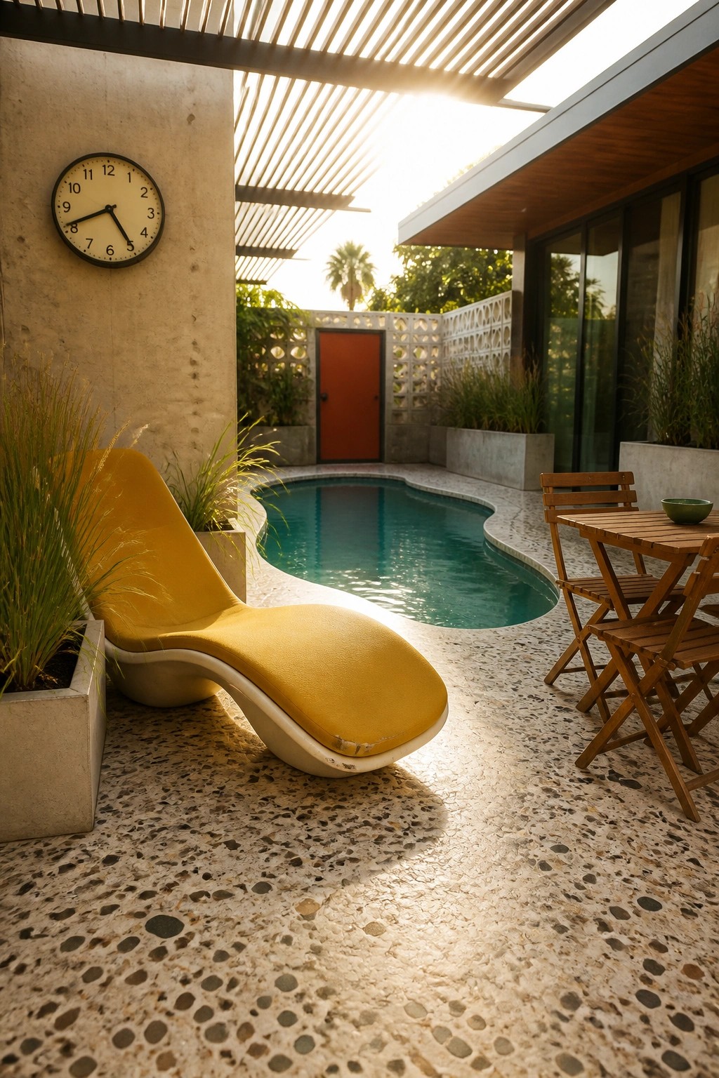 A small kidney-shaped pool on a speckled terrazzo patio with a yellow lounge chair beside it, a wooden table and chairs nearby, and a slatted overhead structure.