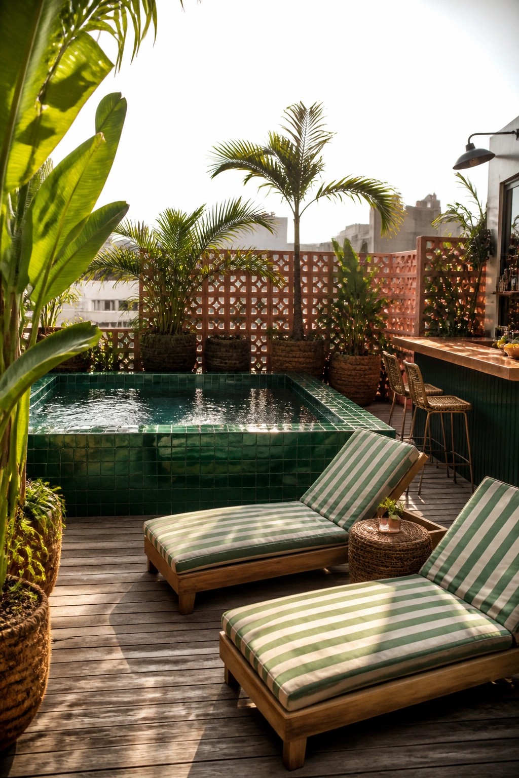 A small green-tiled rectangular pool on a wooden deck with two striped lounge chairs nearby, potted plants, and a bar area in the background.