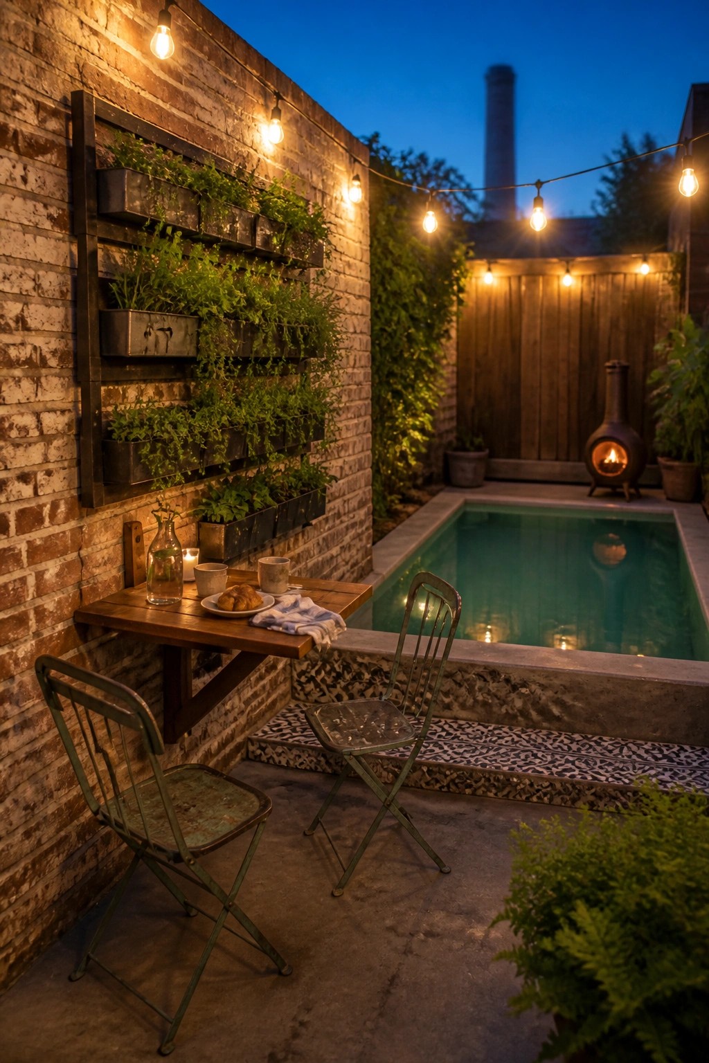A small pool patio at dusk with a brick wall covered in multiple rows of green wall-mounted planters, string lights, a wooden drop-down table, and two metal chairs beside the water.