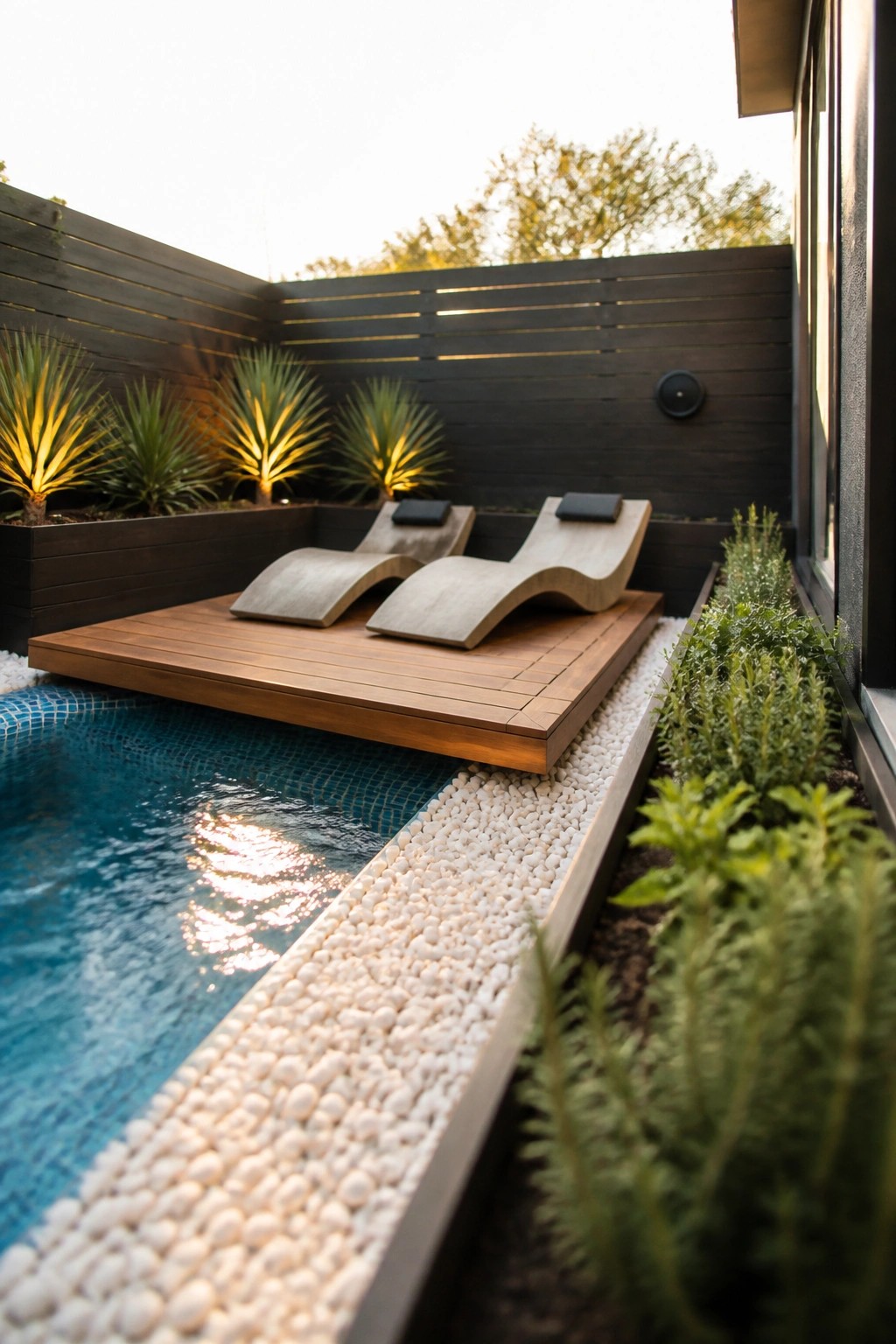 A rectangular pool with a wooden deck platform holding two curved lounge chairs, white pebble border, and dark wood fencing with plants along the sides.