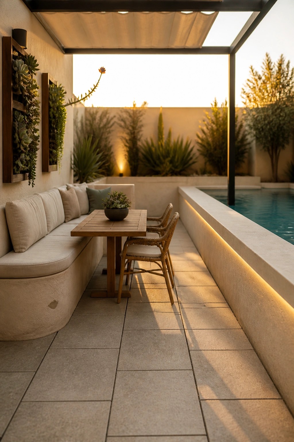 Sunlit patio with wooden table, wicker chairs, cushioned bench, pool, and vertical gardens
