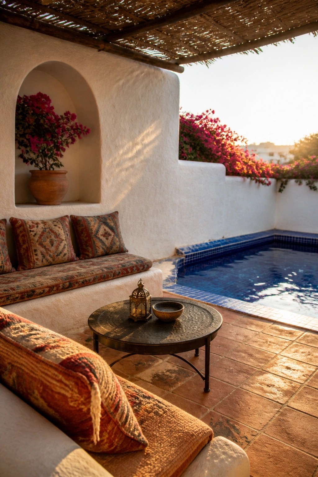 Patio with plunge pool, patterned cushions, round table, lantern, and pink bougainvillea.