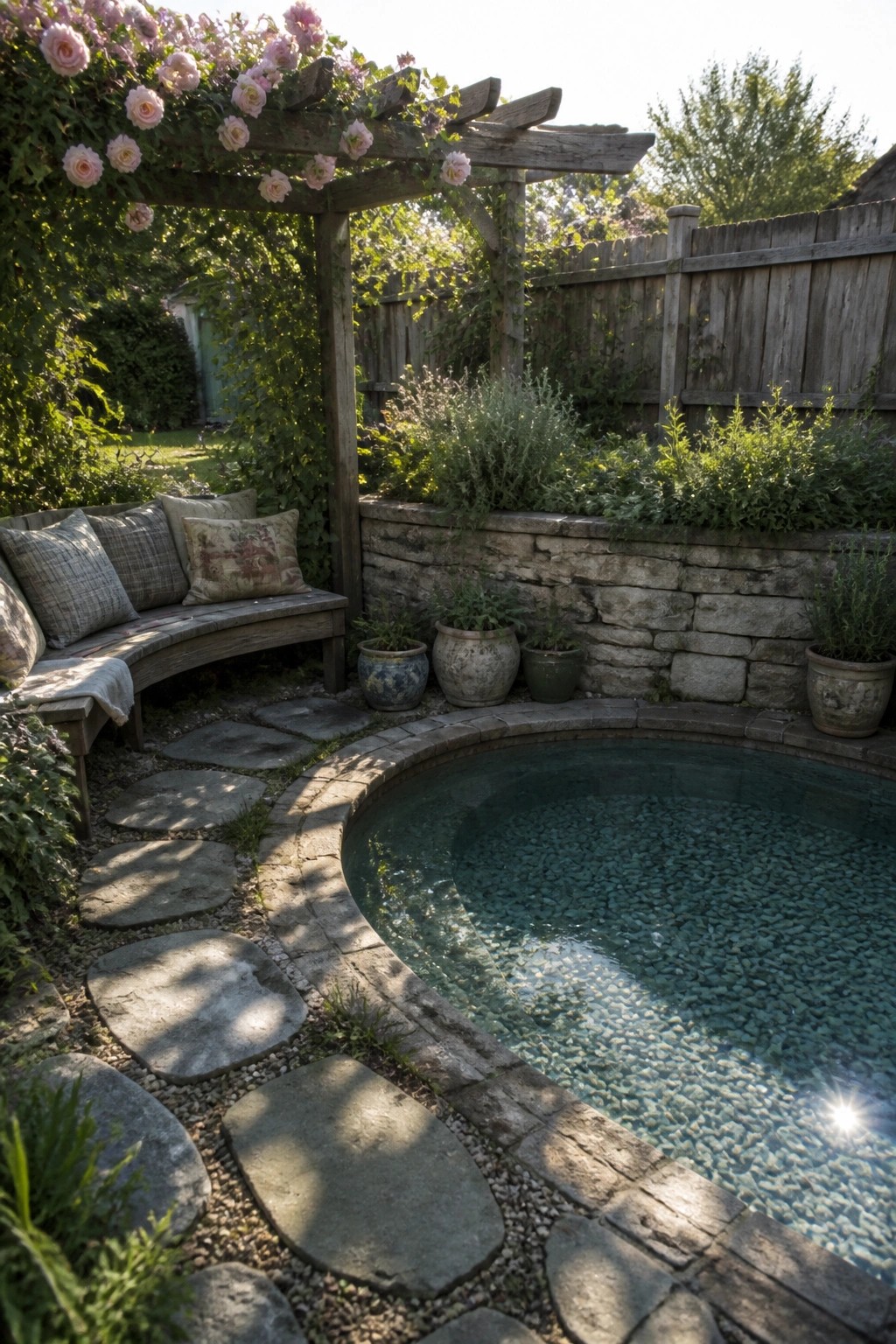 A small round pool with a pebble bottom sits next to a curved wooden bench with cushions under a wooden pergola covered in pink roses, with stone stepping paths and potted plants nearby.