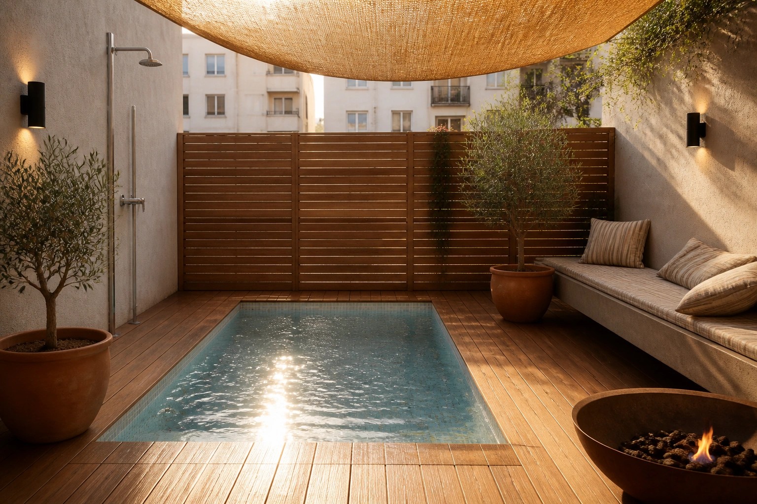 A long narrow plunge pool with blue tiles sits in a small courtyard surrounded by wood decking, with a fire pit, built-in bench, outdoor shower, and potted trees under a shade sail.