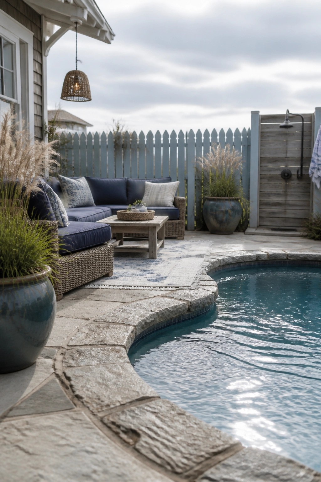 A small backyard pool with curved gray stone coping, a wicker sofa with blue cushions on a patterned rug, a wooden coffee table, potted plants, and an outdoor shower area next to a wooden fence.