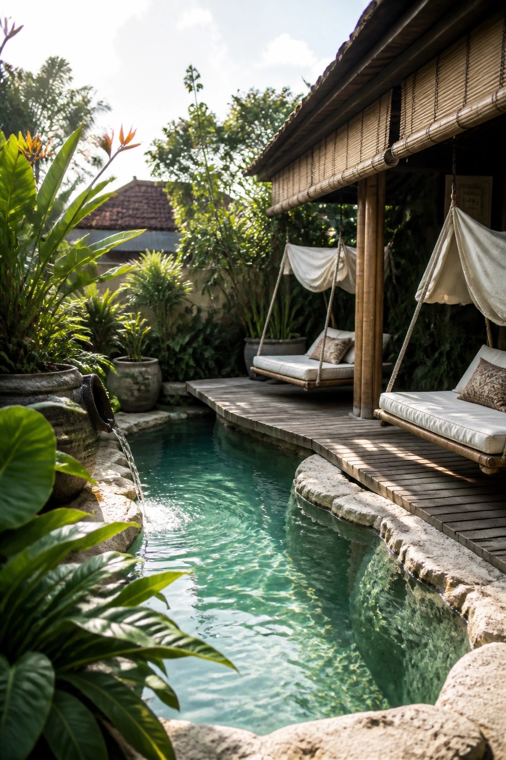 A narrow turquoise pool bordered by stone and a wooden deck, with two hanging lounge chairs suspended from a bamboo structure and surrounded by tropical plants.