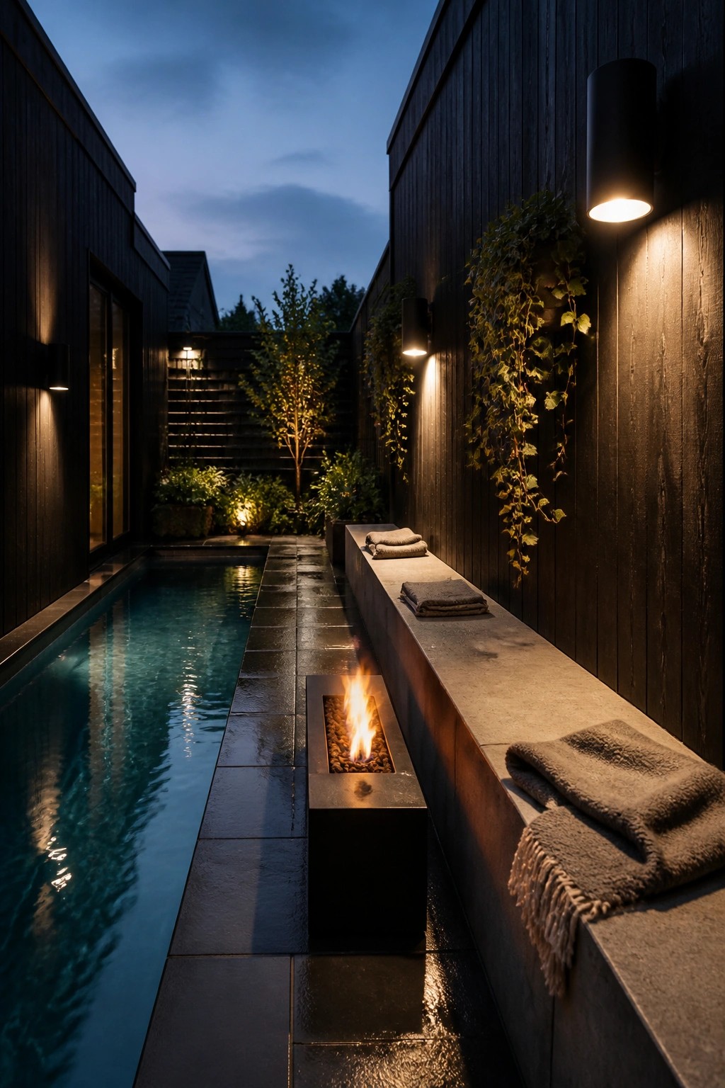 A narrow lap pool at dusk with a rectangular fire pit set between the water and a long concrete bench against a dark wooden wall.