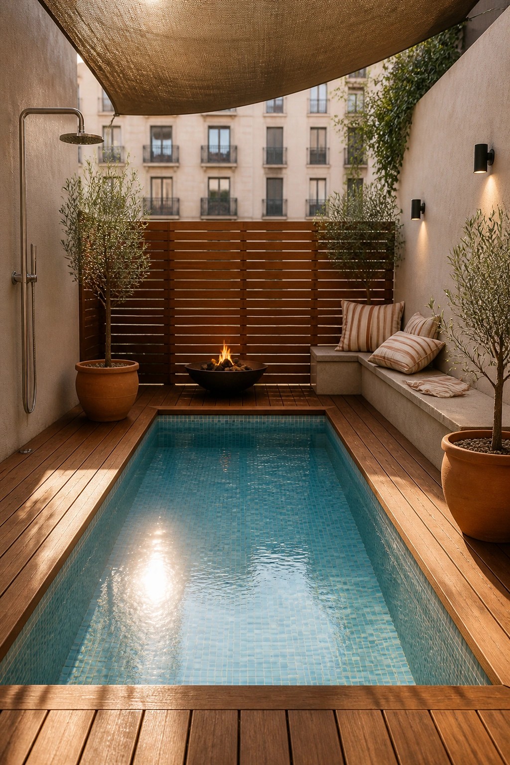 A long narrow plunge pool with blue tiles sits in a small courtyard surrounded by wood decking, with a fire pit, built-in bench, outdoor shower, and potted trees under a shade sail.