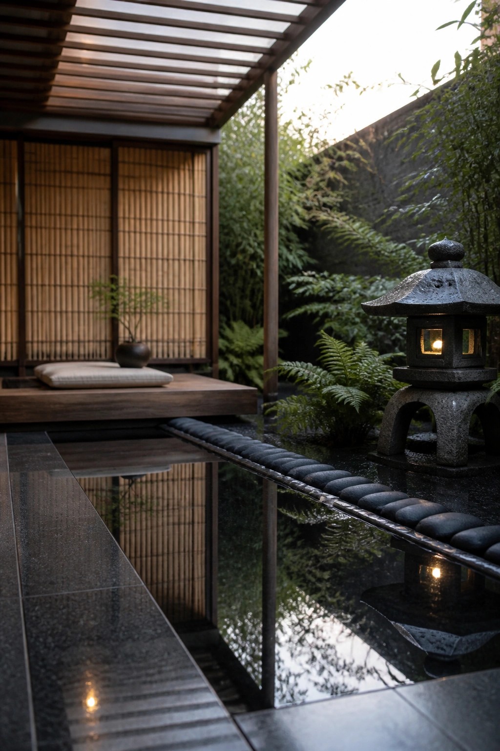 A narrow reflecting pool runs beside a wooden deck with a lit stone lantern set in the water next to green plants and shoji screens.