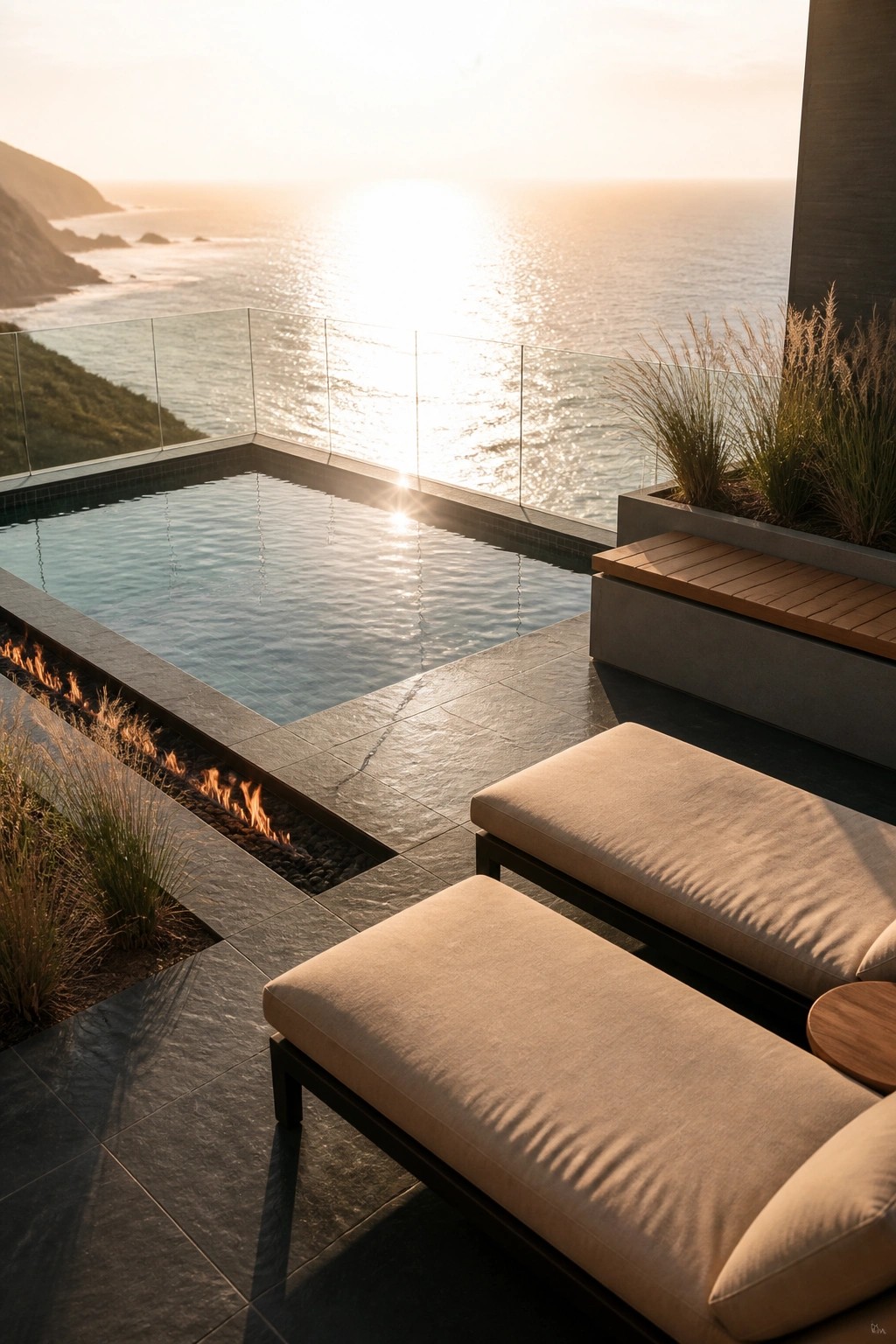A rectangular pool with a linear fire pit along its edge on a stone patio, accompanied by lounge chairs and overlooking the ocean at sunset.