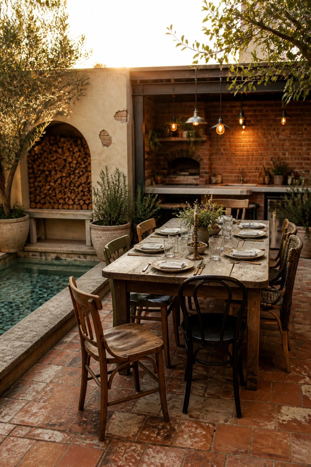 A long wooden dining table with mixed chairs sits on a brick patio directly beside a small pool, with a brick oven and hanging pendant lights visible in the background.