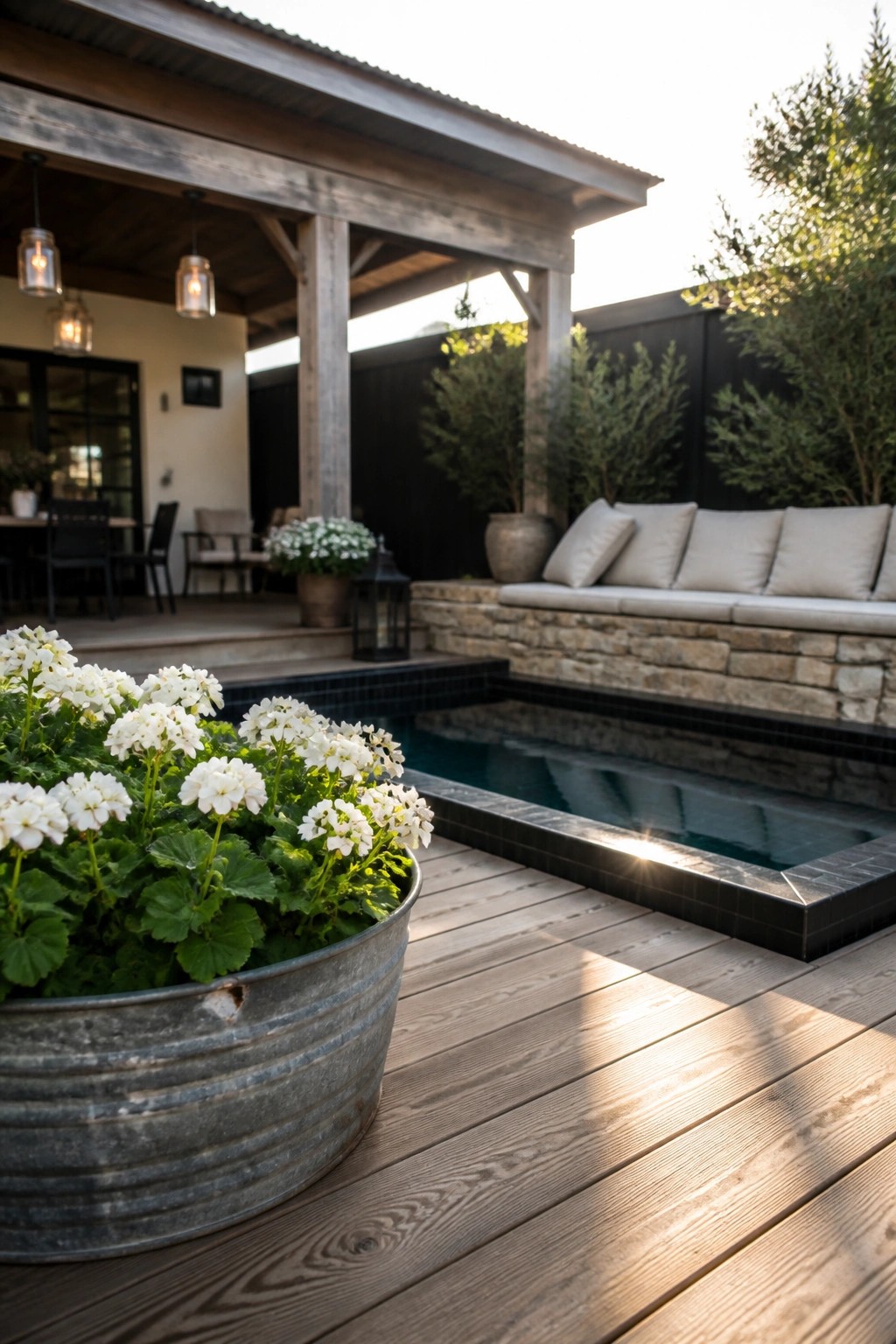 A small dark-tiled pool sits beside wide wooden decking with a metal tub planter holding white flowers in the foreground and built-in cushioned seating along a stone wall in the background.