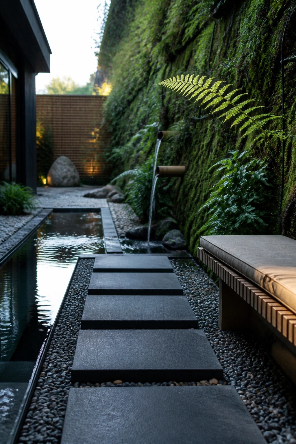 A narrow rectangular pool with dark rectangular stepping stones set in gravel, next to a moss-covered wall with a bamboo spout pouring water, and a cushioned bench on the right.