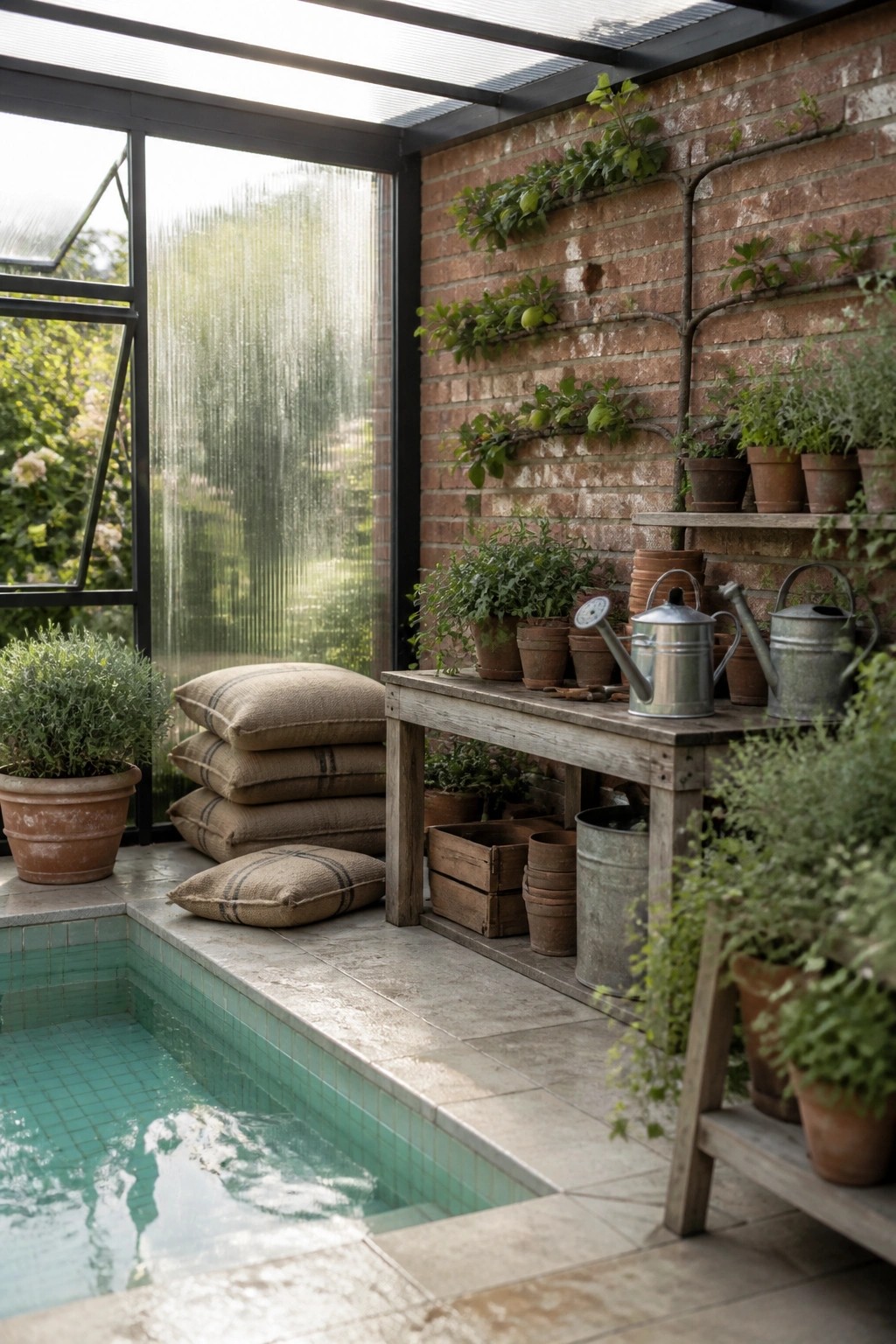 Greenhouse with pool, brick walls, potted plants, watering cans, and burlap sacks