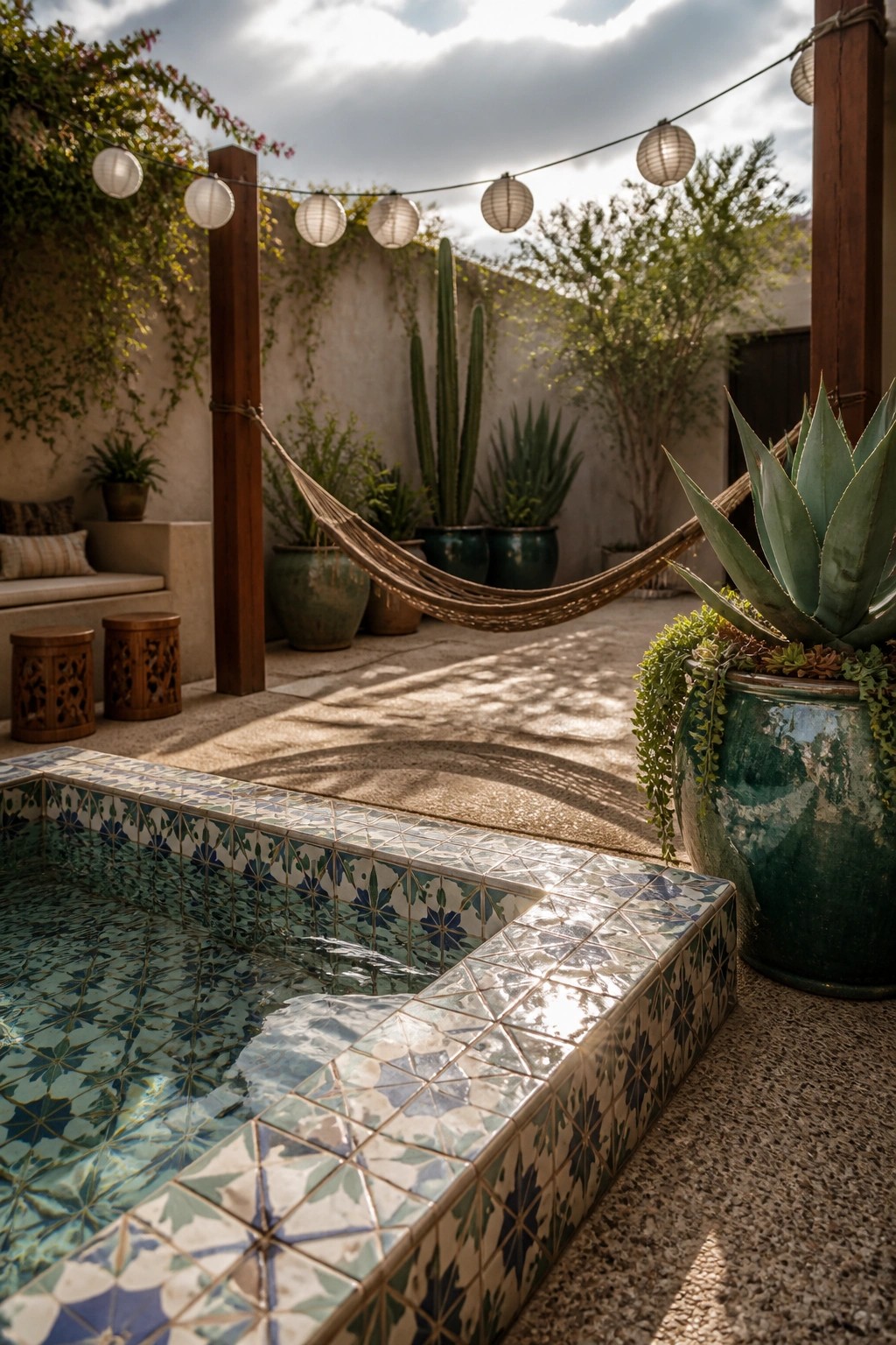 Sunlit courtyard with mosaic-tiled pool, hammock, string lights, and potted succulents