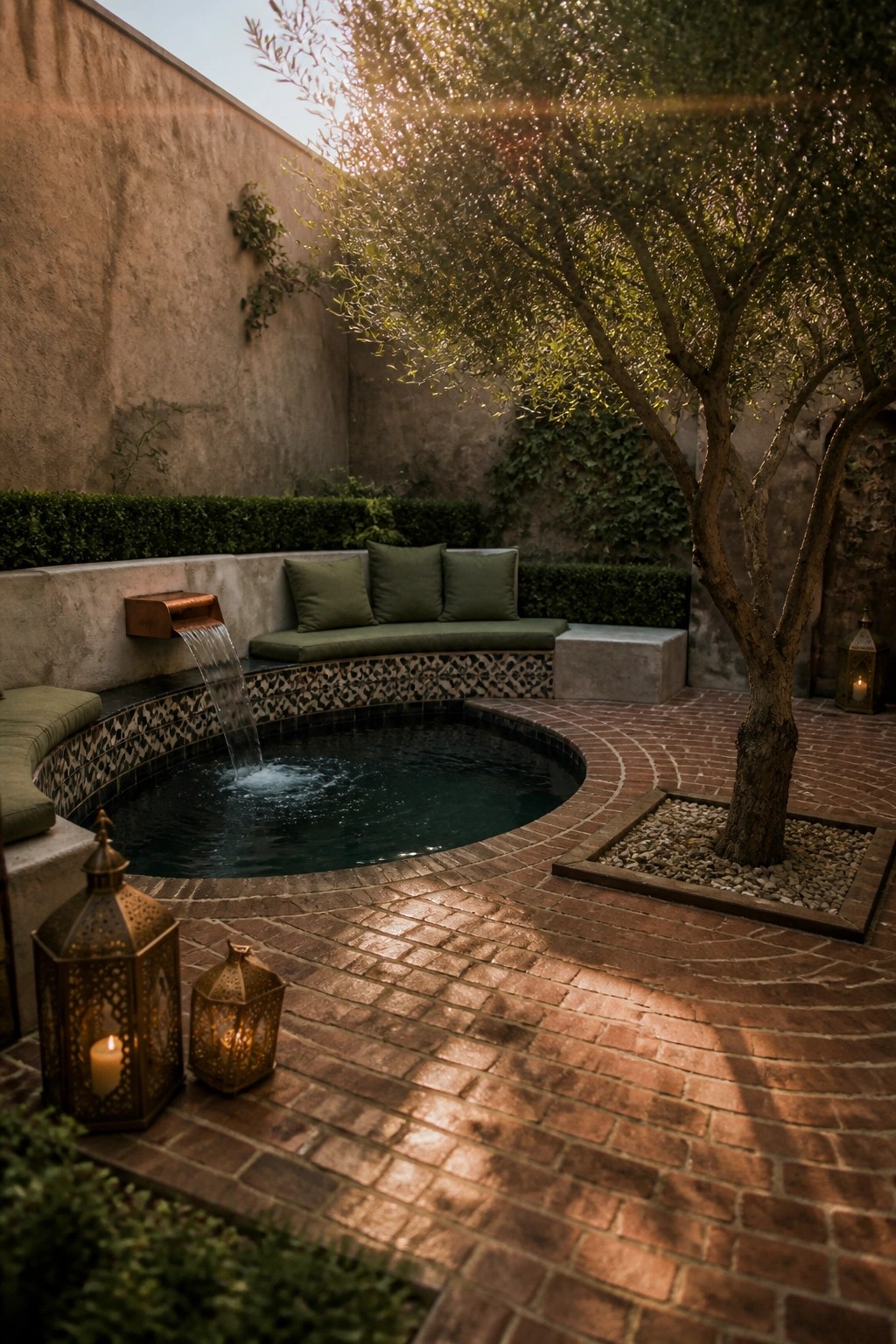 A small circular pool with a wall-mounted water spout, partial curved bench seating with green cushions, brick paving, and two lit lanterns in the foreground.