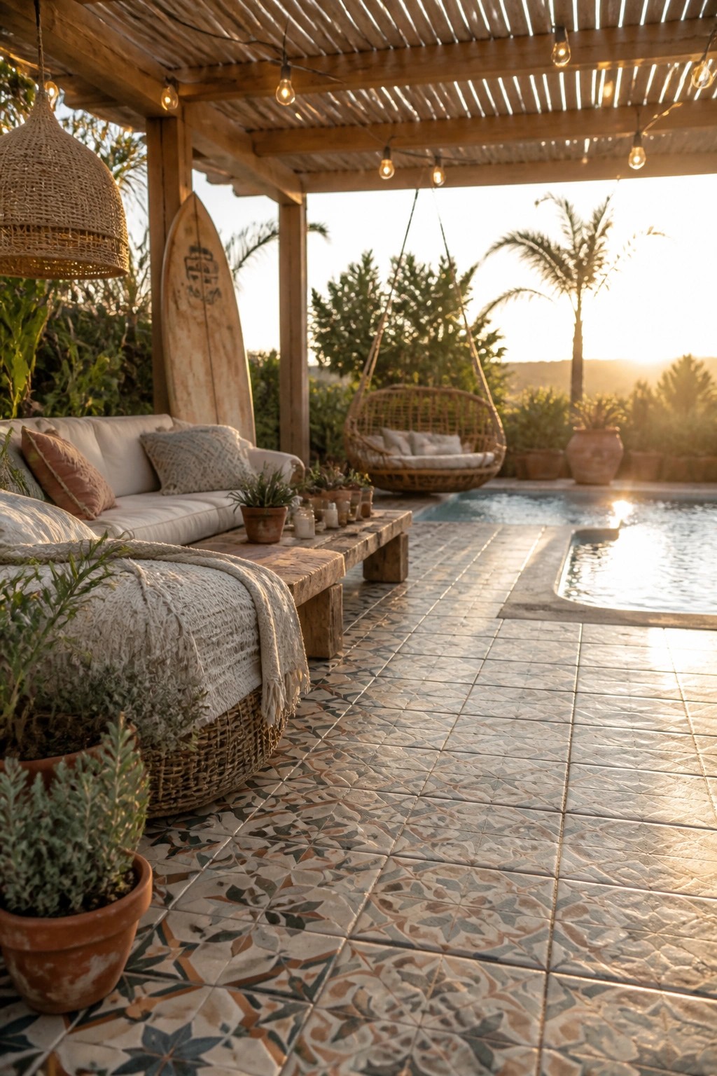 A covered poolside patio with a wooden pergola, string lights, sofa, hanging chair, and potted plants next to a swimming pool at sunset.